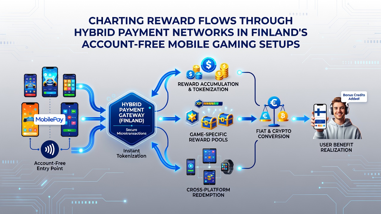 Illustration of interconnected payment nodes distributing rewards in Finland's mobile gaming sector